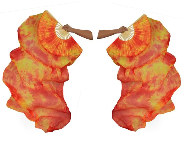 DEMON BABY 2022 Professional Colorful Tie-Dyed Dance Fans Silk Bamboo Flame Belly Dancing Long Folding Fans Veils Performance (Multi-Color;1 Pair)