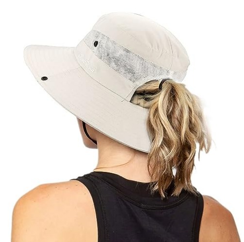 Women's Outdoor UV-Protection-Foldable Sun-Hats Mesh Wide-Brim Beach Fishing Hat with Ponytail-Hole - One Size - Beige