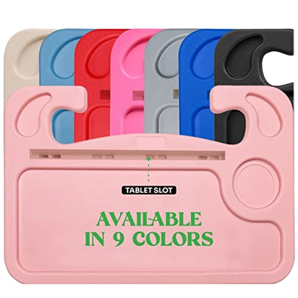 lebogner Steering Wheel Tray, Car Food Trays for Eating, Laptop, Tablet, iPad Or Notebook, Hook On Auto Steering Wheel (Tray with iPad/Tablet Slot, Light Pink)