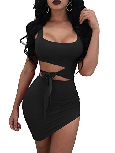 GOBLES Womens Sexy Bodycon Cut Out Sleeveless Outfit Mini Club Tank Dress - Large - Black