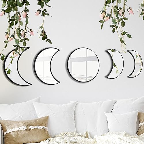 YUBAIHUI Moon Phase Mirror Set, 5pcs Boho Moon Wall Decor for Home Bohemian Bedroom Decoration Living Room Decor, Acrylic Mirror,Not Real Mirror - Black