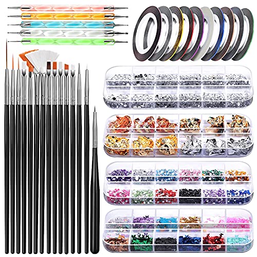 Nail Art Brush, 3D Nail Art Decorations Kit with Nail Pen Designer Dotting Tools Colors Holographic Butterfly Nail Glitter Foil Flakes Nail Tape Strips and Multi-Color Nails Rhinestones (A) - A