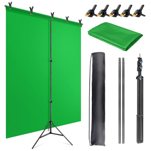 JEBUTU 5X6.5ft Green Screen Backdrop with Stand Kit, Green Screen with T-Shape Background Support Stand, Portable Green Screen Stand Kit with Carrying Bag & 5 Spring Clamps for Zoom, Video, Streaming - Green