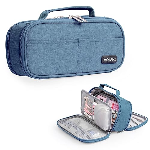 Large Capacity Pencil Case, Mokani Stationery Storage Handheld Pen Pouch Bag Multiple Compartment Double Zipper Cosmetic Portable High School Office Organizer College Student Teen Adult - C.blue