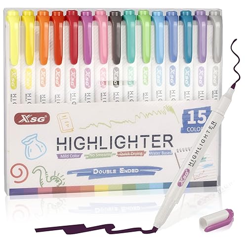 Highlighter Pens Collection Set, Pastel Highlighters,Double Ended Highlighter, Broad and Fine Tips,Warm Assorted Colours,Pack of 15 - 15 Colors
