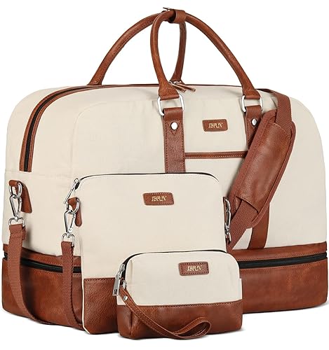 Weekender Bag Large Overnight Bag for Women Canvas Travel Duffel Bag Carry On Tote with Shoe Compartment 21" for Women & Men 3Pcs Set - A01-brown+beige