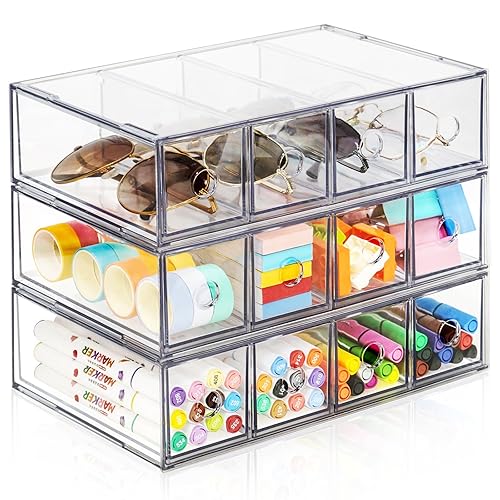 Desk Organizer with 12 Drawers, FODIENS 3 Packs Stackable Desktop Storage Box with Removable Drawer, Clear Sunglasses Organizer Display Case for Stationery Marker Pens Eyeglasses Office Supply - 3 Layers -12 Drawers