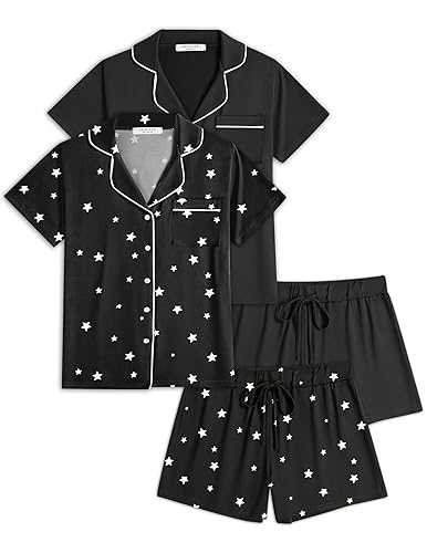 Ekouaer 2 Pack Womens Pajamas Set Button Down Summer Sleepwear Short Sleeve Comfy Pjs Loungewear Set - Black/Black Stars - Small