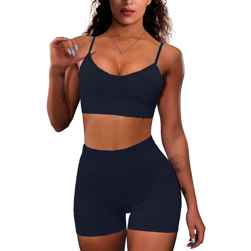 MANON ROSA Workout Set Women 2 Piece Activewear Clothes Seamless Gym Sports Bras Biker Shorts Outfits Fitness Sportswear - CBlack Medium