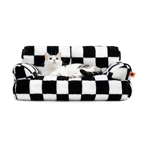 MEWOOFUN Pet Couch Bed, Washable Cat Beds for Medium Small Dogs & Cats up to 25 lbs, Dog Beds with Non-Slip Bottom, Fluffy Cat Couch, 26×19×13 Inch (Black&White) - 26.0"L x 19.0"W x 13.0"Th - Black&White