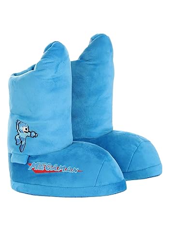 Adult Mega Man Costume Slippers - Video Game Themed Slippers - Mega Man Action Figure Plushie Slippers - Small-Medium - Blue