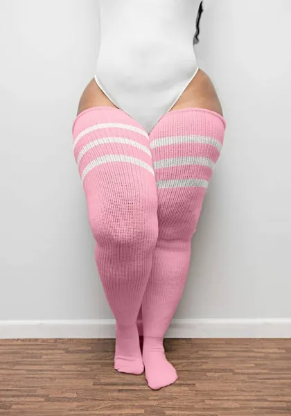 REAL PLUS SIZE Thigh Highs Thunda Thighs | Long Knee Socks, Thigh High Socks for thighs 27-42'' | Pastel Pink & Stripes + Free Thigh Belts