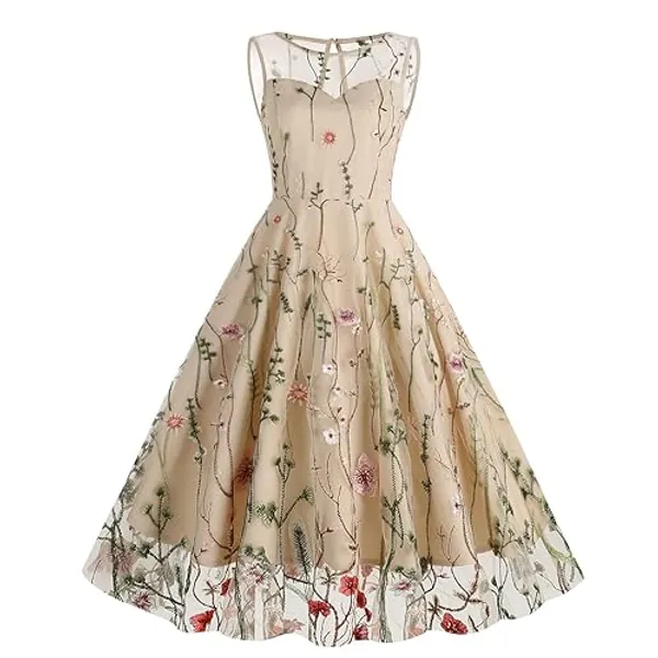 Odizli Cocktailkleid Damen Elegant Vintage Ärmellos Gestickt Knielang Kleid Festliche Hochzeit Kurz Abendkleid