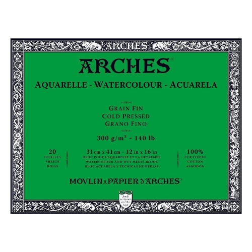 Arches 100% Cotton Watercolour Blocks 300gsm 20 Sheets | Cold Pressed 31x41cm (12X16'')