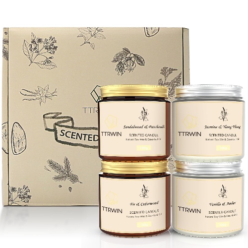 TTRWIN 4 Pack Scented Candle Gift Set, Relaxing Aromatherapy Candles for Women, Jasmine & Ylang Ylang, Sandalwood & Patchouli, Fir & Cedarwood, Vanilla & Amber