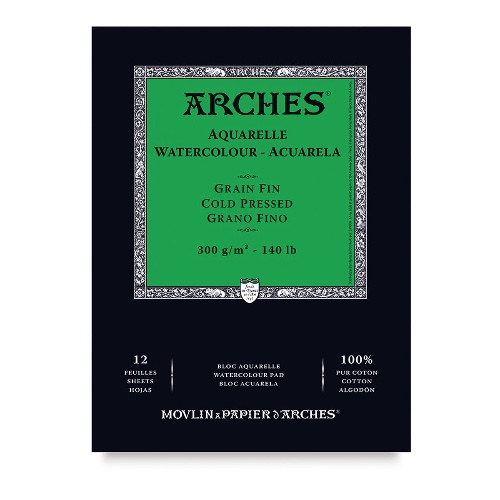 Arches Cold Pressed 300 GSM A5 Watercolour Paper Pad, Natural White, (12 Sheets)