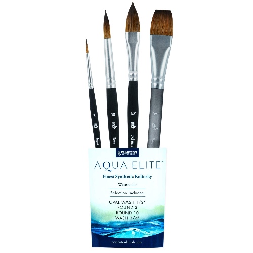 Princeton Artist Brush Co. Aqua Elite Professional Watercolor Paint Brushes 4850 Series - 4pc Synthetic Kolinsky Sable Watercolor Brush Set - Watercolor or Gouache Brushes - Artist Paint Brushes