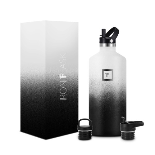 IRON °FLASK Sports Water Bottle - 64 Oz, 3 Lids (Straw Lid), Leak Proof, Vacuum Insulated Stainless Steel, Hot Cold, Double Walled, Thermo Mug, Standard Metal Canteen - 64 Oz Day & Night