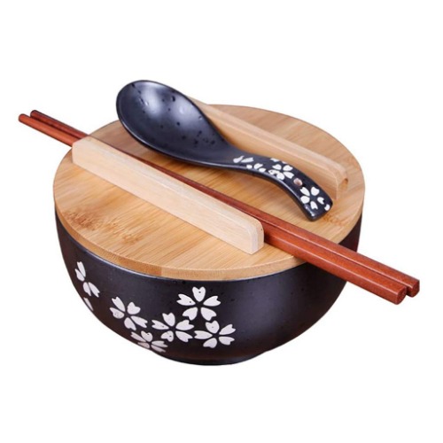 Japanese cuisine bowl with lid vintage ramen bowl with lid black ceramic instant noodle bowl black salad bowl soup bowl with wooden lid ( Color : Black , Size : 16168CM ) - Black