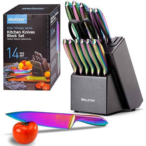 WELLSTAR Rainbow Knife Set 14 Pieces, Iridescent German Stainless Steel Kitchen Knives Set with Wooden Block, Colorful Titanium Coating, Chef’s Knife Block Set with Scissors and Built-in Sharpener - Iridescent-14pcs set