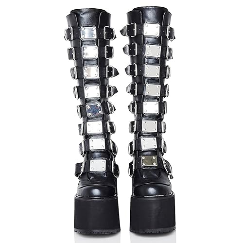 CELNEPHO Womens Wedge Platform Knee High Boots High Heel Round-Toe Zip Punk Goth Mid Calf Combat Boots For Women - 9 - Black