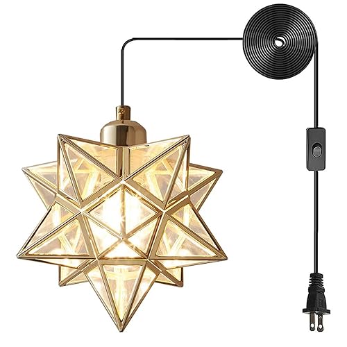 AECBUY Gold Ceiling Pendant Hanging Lamp, Metal and Clear PVC Star Pendant Light, Vintage Hanging Lamp Plug in Cord and Switch for Dining Room Living Room Bedroom - Gold - 8 inch