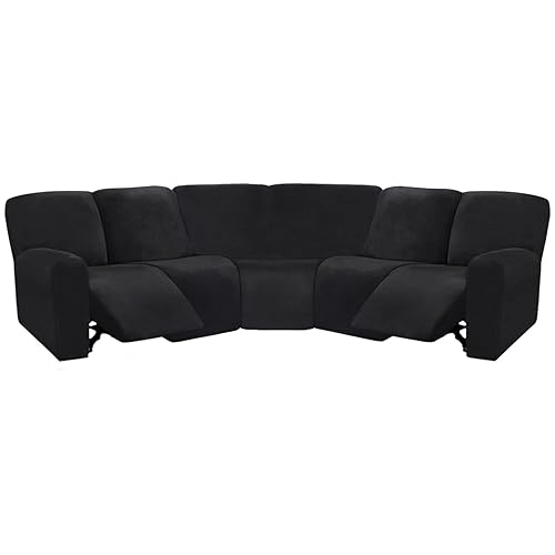 ULTICOR 7-Piece L Shape Sectional Recliner Sofa Covers, Velvet Stretch Reclining Couch Covers for Sofa, Thick, Soft, Washable (Black, 5 Seat Cover) - L Shape 5 Seat Recliner Cover - Black