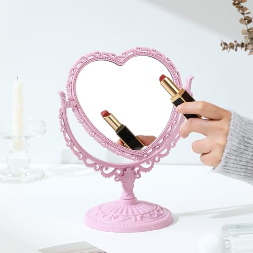 XPXKJ 7Inch Heart Shaped Mirror, 360°Two-Sided Magnifying Aesthetic Mirror, Coquette Room Decor Vanity Mirror for Desk,3X Magnification Bathroom Mirror Bedroom Mirror (Pink Heart Mirror) - Pink Heart-shaped