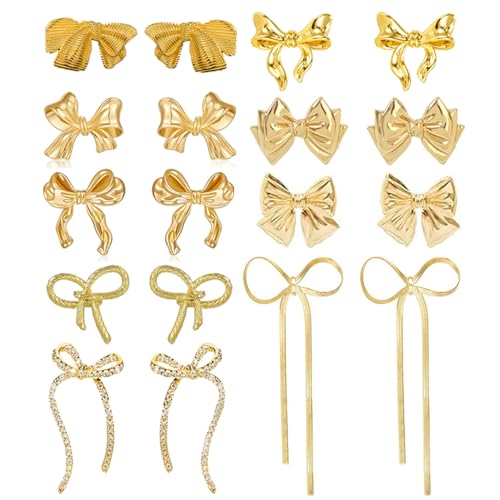 9 Pairs Gold Bow Earrings for Women Classic Ribbon Bow Stud Earrings Cute Statement Jewelry Set