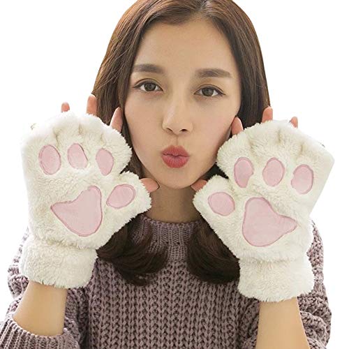 Lifenanny Cute Cat Paw Gloves Winter Soft Warm Fingerless Cosplay Faux Fur Plush Gloves Kawaii Gloves for Women Girls - White