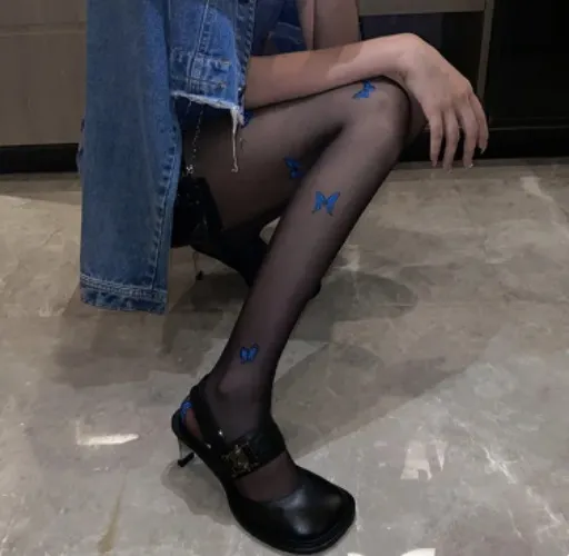 2022 Blue Butterfly Silk Stockings for Women Pantyhose Tights Lolita Hollow Mesh Lace Bottom Leggings Long Stockings