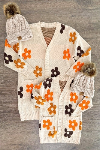 Mom & Me - Tan Flower Print Cardigan | MOM-XL