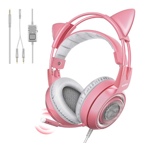 SOMiC Pink Over Ear Gaming Headset with Mic for Xbox One, PS4, iPhone, PC, Removeable Cat Ear Headphone for Girls Women, with 3.5mm Plug/Control Box