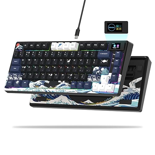 Womier S-K80 75% Keyboard with Color Multimedia Display Mechanical Gaming Keyboard, Wired Hot Swappable Keyboard, Gasket Mount RGB Custom Keyboard, Pre-lubed Stabilizer for Mac/Win, Black Kanagawa - Black Kanagawa