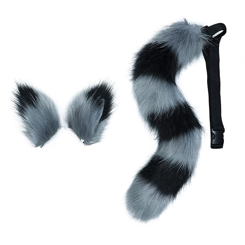 VIGVAN Animal Cosplay Wolf Ears and Tail Fox Cat Ears Tail Raccoon Cosplay Tail (R Grey Black Ear Tail) - R Grey Black Ear Tail