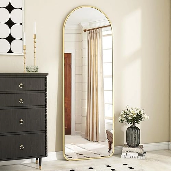 Koonmi Arch Mirror Full Length, Large Free Standing Mirror Full Length with Round Corners, Wall Mounted, Leaning, 44 x 147 cm Floor Mirror Full Body as Dressing Vanity Mirror for Living Room, Gold