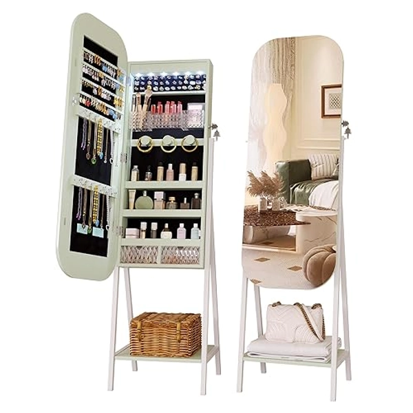 LVSOMT Round Mirror Jewelry Cabinet Standing, Over the Door/Wall Mounted Jewelry Cabinet, Wide Mirror with Storage, Lockable Jewelry Mirror Organizer Full Length, 3 Mounting Options, Green