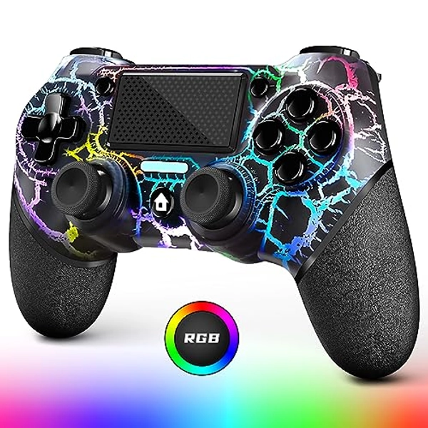 AceGamer Controlador inalámbrico OLED para PS4, diseño personalizado negro agrietado con luz RGB, batería de 1000 mAh, conector de audio de 3.5 mm y función turbo, compatible con PS4/Slim/Pro