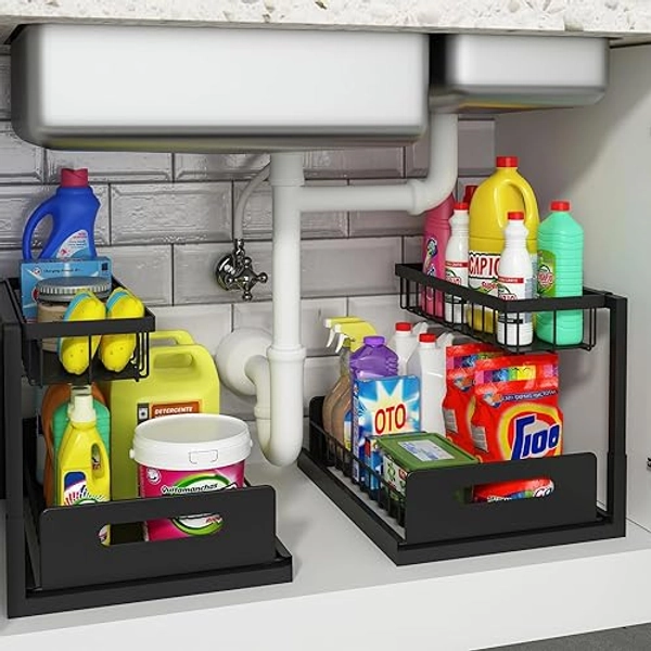 REALINN Under Sink Organizer, Pull Out Cabinet Organizer Slide Out Sink Shelf Cabinet Storage Shelves, Storages for Kitchen Bathroom, Black, 2 Pack