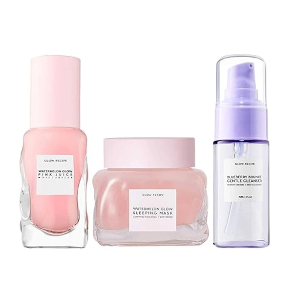 Glow Recipe Mini Starter Skin Care Kit - Watermelon Glow Sleep Mask, Watermelon Glow Pink Juice Moisturizer + Blueberry Bounce Gentle Cleanser - 3-Piece Regimen Kit for Face + Body