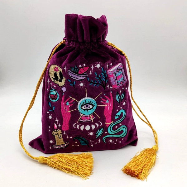 Embroidered Silk Velvet Tarot Deck Pouch: Mystical Card Bag