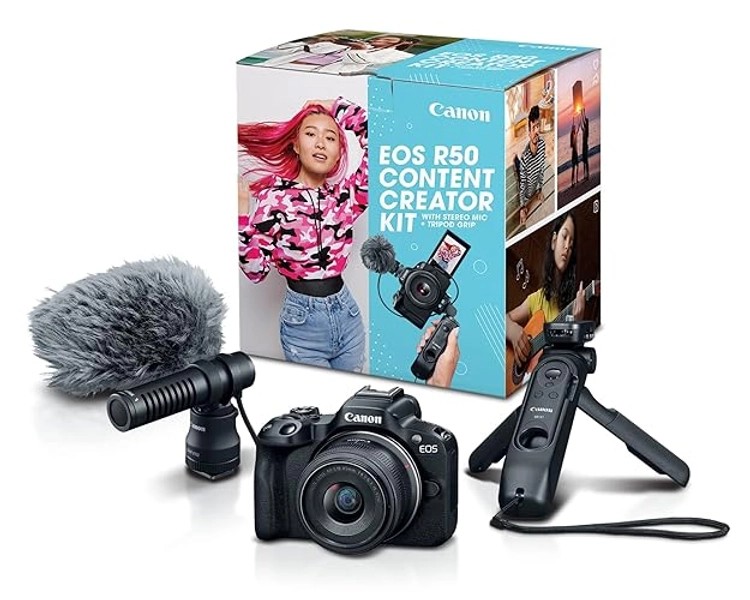 Canon EOS R50 Content Creator Kit, Hybrid Mirrorless Camera with RF-S18-45mm F4.5-6.3 IS STM Lens, Tripod Grip, Microphone, Wireless Remote Control, 24.2 MP CMOS (APS-C) Sensor, Vlogging Camera, Black
