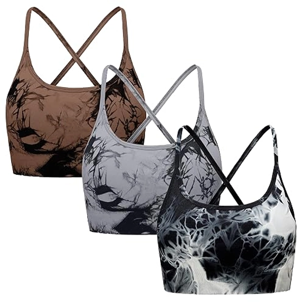 OVESPORT 3 Piece Women's Workout Sports Bras Seamless Tie-dye Strappy Gym Yoga Crop Bra