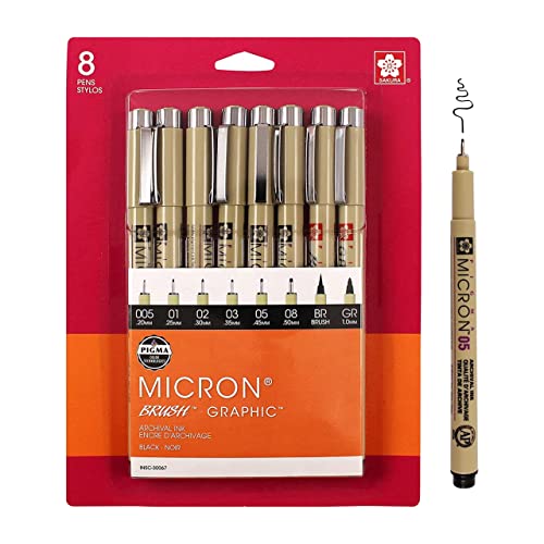 Sakura Pigma Micron Fineliner Pens - Archival Black Ink Pens - Pens for Writing, Drawing, or Journaling - Assorted Point Sizes - 8 Pack - 8 Count (Pack of 1)