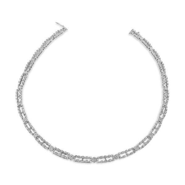AGS Certified 14K White Gold 8 1/2 Cttw Diamond Alternating Bar and Floral Cluster Link 18 Choker Necklace (G-H Color, SI2-I1 Clarity)