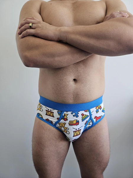 ABDL Underwear Men's Brief | Cute Cartoon "Playpen" Pattern | Adult Baby / Toddler Style | Adorable Blue Waistband | Comfy Age Regression
