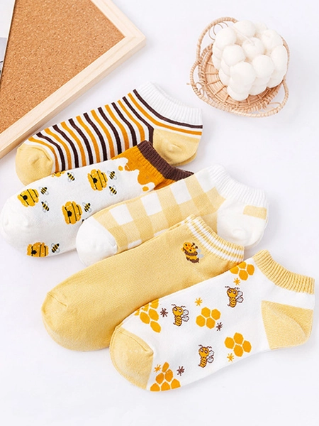 5pairs Bee & Striped Pattern Ankle Socks