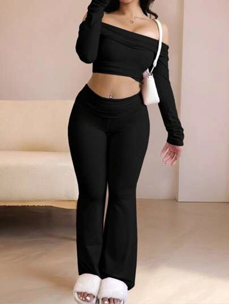 INAWLY Solva 2 Pcs Women Set: Off-Shoulder Long Sleeve Cropped Top & Flared Pants, Solid Color