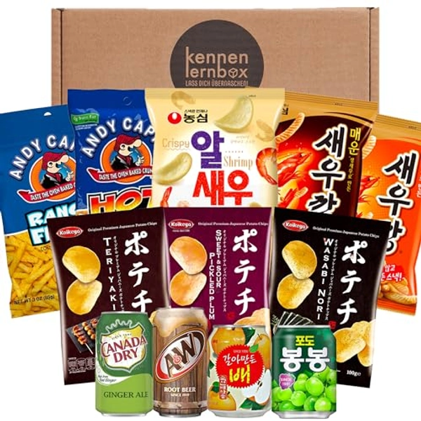 Snack Party Box | Kennenlernbox mit 12 beliebten Chips und Getränke aus den USA, Korea und Japan | Für Filmabende oder als Geschenkidee für besondere Anlässe