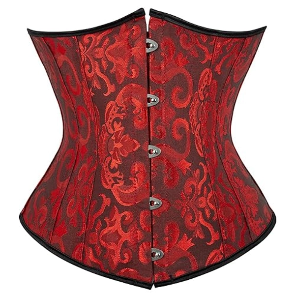Grebrafan Brocado Corset Bajo Pecho Corsé Underbust Gótico Talla Grande - 30-32 - Negro Rojo